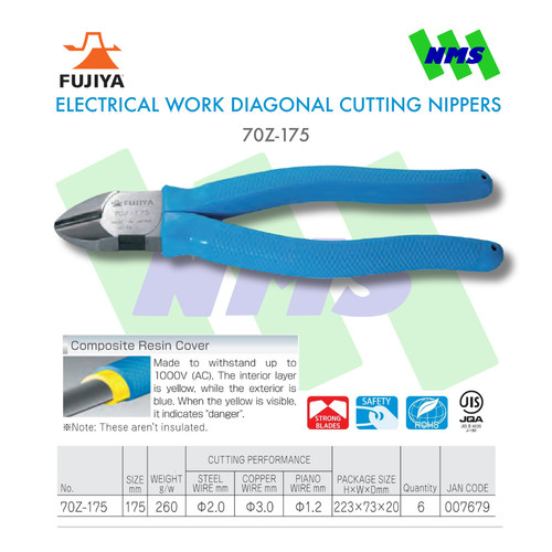 [EZM.1040336] Tang Potong Kabel Listrik Fujiya 70Z-175 Electrical Work Diagonal Cutting Nippers 7 Inci 175mm Cap Baja 2mm Piano 1.2mm