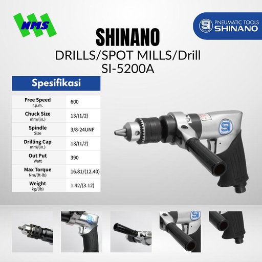 [EZM.1040341] Mesin Bor Angin Shinano SI-5200A 1/2" Air Drill Chuck 13mm 600 rpm Torsi 16.81 Nm