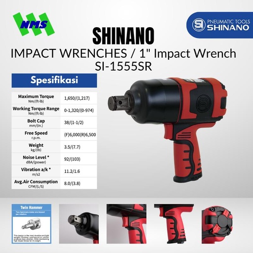 [EZM.1040347] Mesin Impek Angin Shinano SI-1555SR 1" Inch Air Impact Wrench Twin Hammer Pengencang Baut Maks Torsi 1650Nm Speed 6500rpm