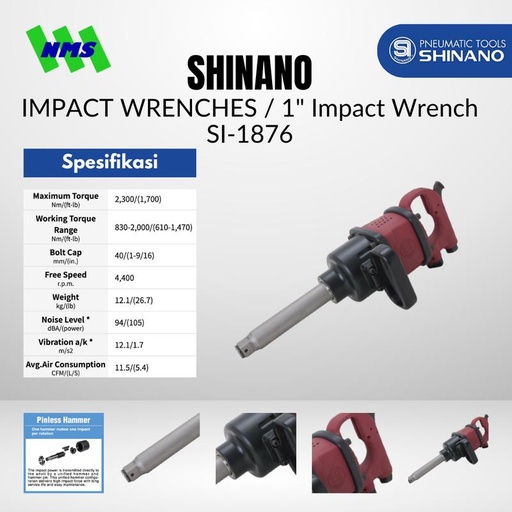 [EZM.1040349] Mesin Impek Angin Shinano SI-1876 1" Air Impact Wrench Long Anvil Pinless Hammer Pengencang Baut Maks Torsi 2300Nm Speed 4400 rpm