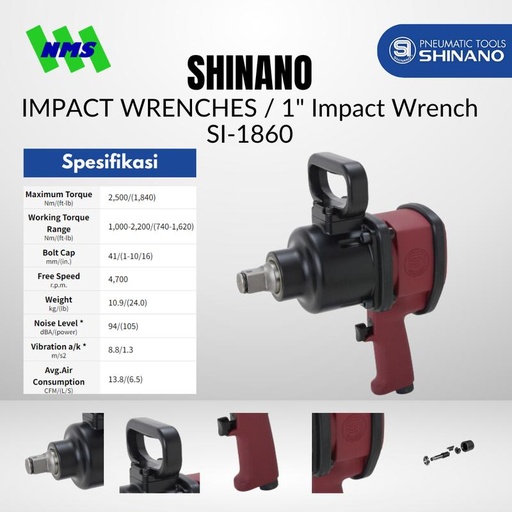 [EZM.1040356] Mesin Impek Shinano SI-1860 1" Impact Wrench Pengencang Baut Maks Torsi 2500Nm Pinless Hammer