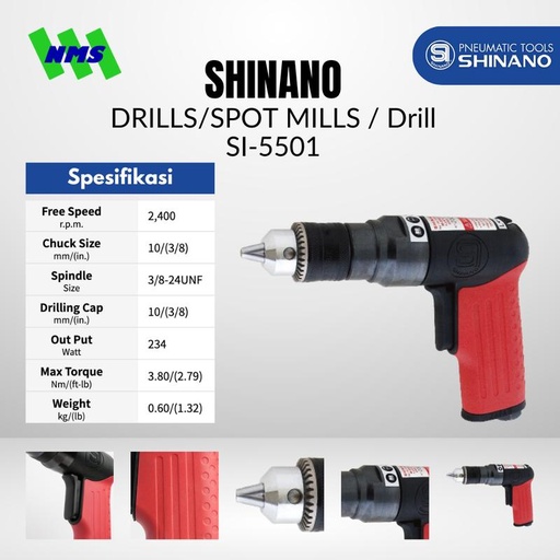 [EZM.1040359] Mesin Bor Angin Shinano SI-5501 3/8" Air Drill Chuck 10mm Kecepatan 2400 rpm