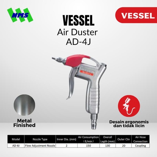 [EZM.1040364] Air Blow Gun VESSEL AD-4J Air Duster dengan Pengatur Volume Udara Bodi Metal Tembakan Semprotan Angin Kompresor