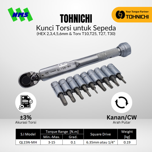 [EZM.1040403] Kunci Torsi Tohnichi QL15N-MH 3-15Nm Bundling untuk Sepeda Socket Bintang & L