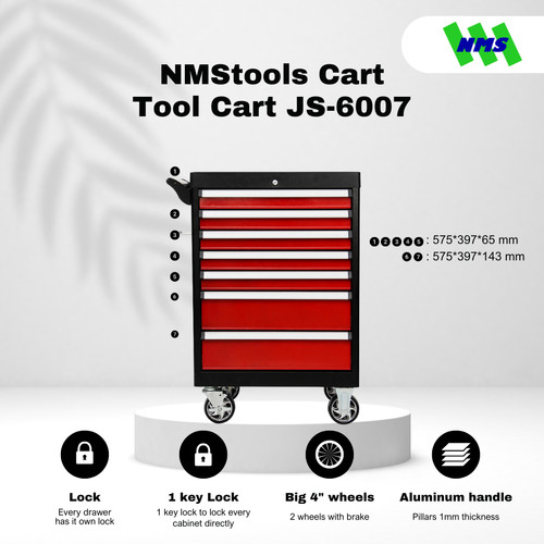[EZM.1040413] Troli Bengkel 7-Drawer Tool Trolley NMStools CART JS-6007 Black & Red - Box Kunci Dorong Susun 7 Lantai Trolli Troly
