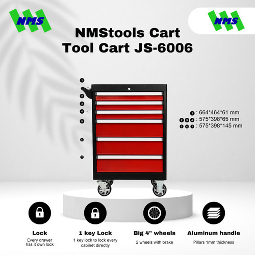 [EZM.1040414] Troli Bengkel 6-Drawer Tool Trolley NMStools CART JS-6006 Black & Red - Box Kunci Dorong Susun 6 Lantai Trolli Troly