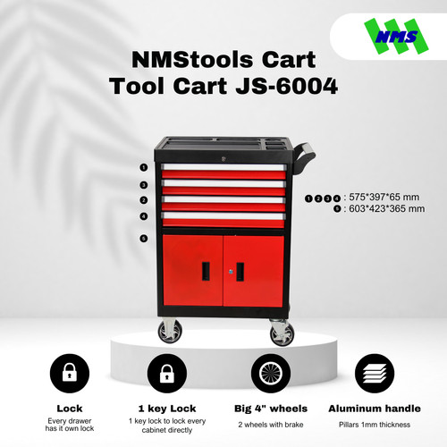 [EZM.1040415] Troli Bengkel 4-Drawer Tool Trolley with Cabinet NMStools CART JS-6004 Black & Red - Box Kunci Dorong Susun 4 Lantai Trolli Troly