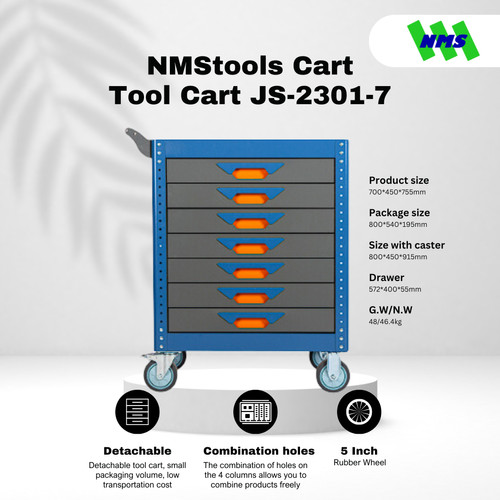 [EZM.1040418] Troli Bengkel 7-Drawer Tool Trolley NMStools CART JS-2301-7 Blue & Grey - Box Kunci Dorong Susun 7 Lantai Trolli Troly