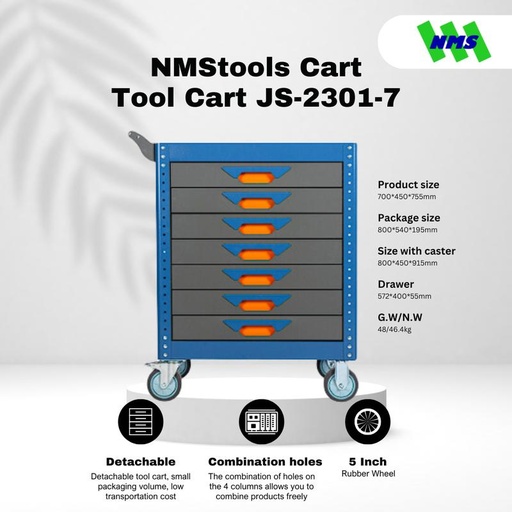 [EZM.1040418] Troli Bengkel 7-Drawer Tool Trolley NMStools CART JS-2301-7 Blue & Grey - Box Kunci Dorong Susun 7 Lantai Trolli Troly
