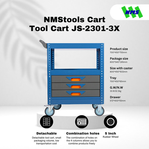 [EZM.1040419] Troli Bengkel 3-Drawer Tool Trolley NMStools CART JS-2301-3X Blue & Grey - Box Kunci Dorong Susun Trolli Troly