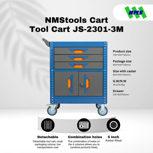 [EZM.1044234] Troli Bengkel 3-Drawer Tool Trolley with Cabinet NMStools CART JS-2301-3M Blue & Grey - Box Kunci Dorong Susun Trolli Troly