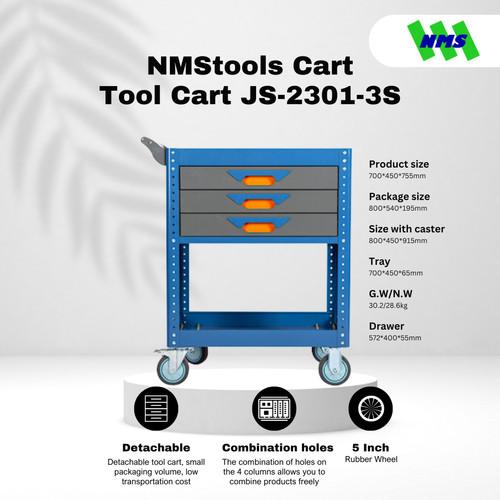 [EZM.1040420] Troli Bengkel 3-Drawer Tool Trolley NMStools CART JS-2301-3S Blue & Grey Box Kunci Dorong Susun Trolli Troly