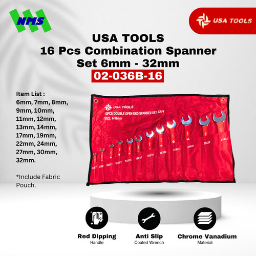 [EZM.1040558] Kunci Kombinasi 16 Pcs Combination Spanner Set 6mm - 32mm USA TOOLS