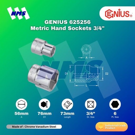 [EZM.1040897] Kunci Shock GENIUS 625256 Hand Sockets 3/4" x 56mm 6pt. L=73mm