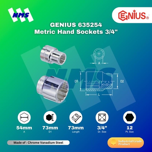 [EZM.1040917] Kunci Shock GENIUS 635254 Hand Sockets 3/4" x 54mm 12pt. L=73mm
