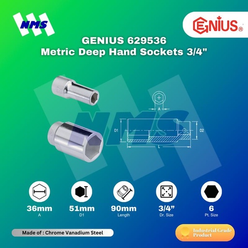 [EZM.1040933] Kunci Shock GENIUS 629536 Deep Hand Sockets 3/4" x 36mm 6pt. L=90mm