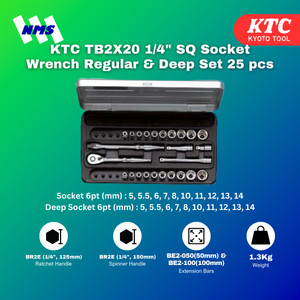 [EZM.1040985] Kunci Sok KTC TB2X20 1/4" SQ Socket Wrench Regular & Deep Set 25 pcs