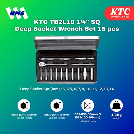 [EZM.1040987] Kunci Sok KTC TB2L10 1/4" SQ Deep Socket Wrench Set 15 pcs Original