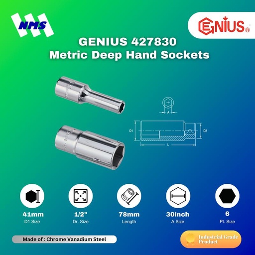 [EZM.1041041] Kunci Shock GENIUS 427830 Deep Hand Sockets 1/2" x 30mm 6pt. L=78mm