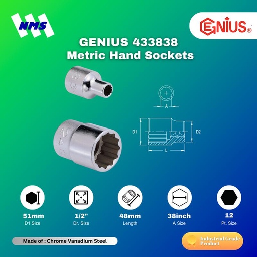 [EZM.1041058] Kunci Shock GENIUS 433838 Hand Sockets 1/2" x 38mm 12pt. L=48mm
