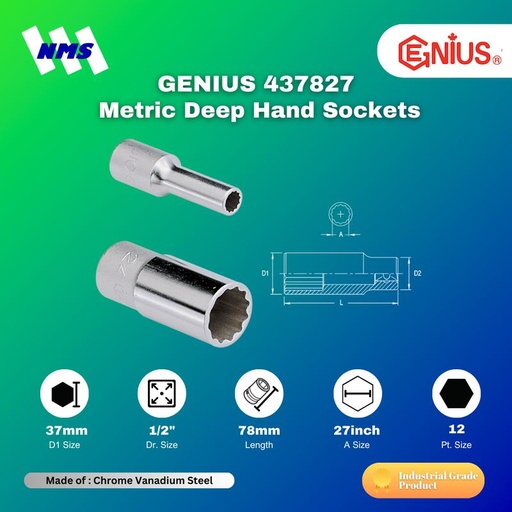 [EZM.1041065] Kunci Shock GENIUS 437827 Deep Hand Sockets 1/2" x 27mm 12pt. L=78mm