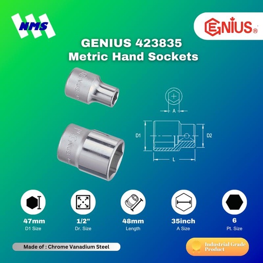 [EZM.1041094] Kunci Shock GENIUS 423835 Hand Sockets 1/2" x 35mm 6pt. L=48mm