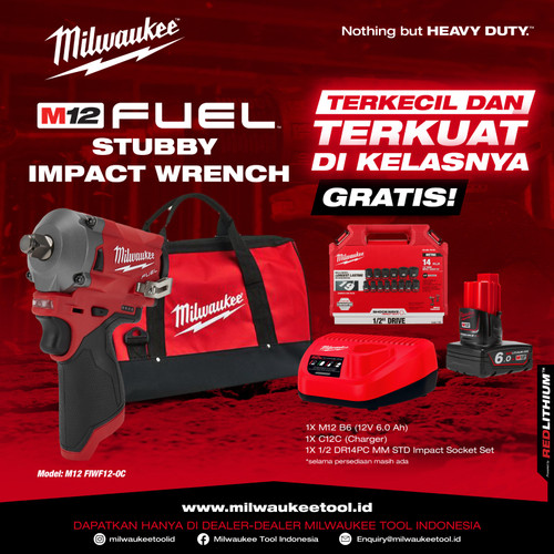 [EZM.1041300] Mesin Impek Milwaukee M12 FIWF12 FUEL 1/2" Stubby Impact Wrench Bundling Baterai 6Ah - Charger - Tas - Kunci Impact Socket 10-27mm