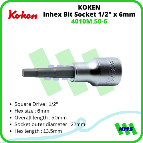 [EZM.1041394] Kunci L Soket KOKEN 4010M.50-6 Inhex Bit Socket 1/2" x 6mm x 50mm