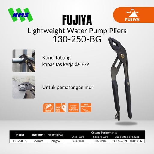 [EZM.1041407] Tang Pipa FUJIYA 130-250-BG Lightweight Water Pump Pliers Japan 10 Inc