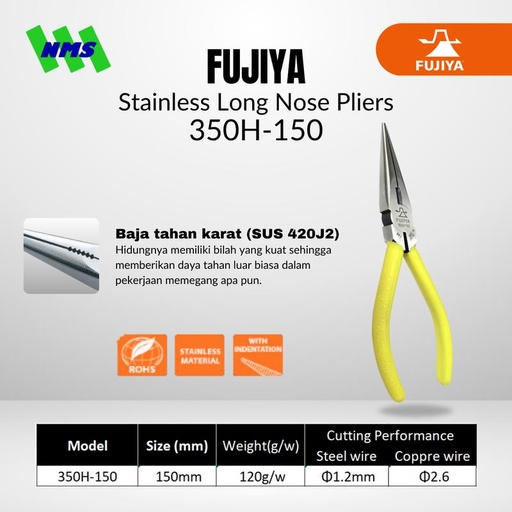 [EZM.1041425] Tang Potong FUJIYA 350H-150 Stainless Long Nose Pliers Japan