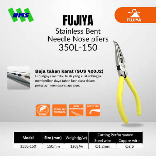 [EZM.1041428] Tang Potong FUJIYA 350L-150 Stainless Bent Needle Nose Pliers Japan