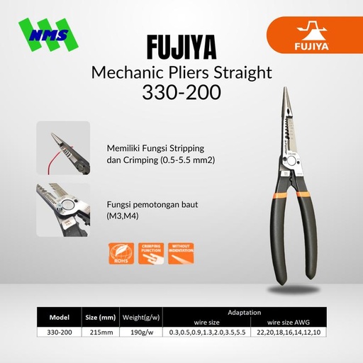 [EZM.1041429] Tang Striping Crimping FUJIYA 330-200 Mechanic Pliers Straight Japan