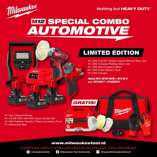 [EZM.1041465] Milwaukee M12 FIWF12-0C BPS-0 BI-0 Automotive Combo Impact Wrench + Polisher + Inflator - Mesin Poles Pompa Pengencang Baut Termasuk Baterai Charger DLL