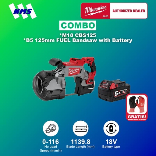 [EZM.1041470] Gergaji Listrik Milwaukee M18 CBS125 + B5 125mm FUEL Bandsaw & Battery