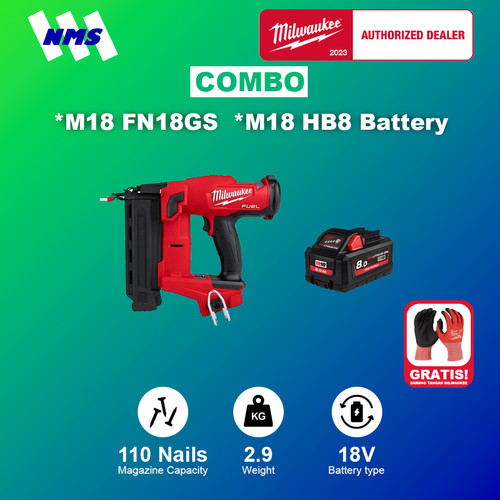 [EZM.1041475] Mesin Paku Milwaukee M18 FN18GS + HB8 18 Gauge Brad Nailer Combo