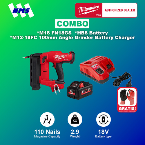 [EZM.1041477] Mesin Paku Milwaukee M18 FN18GS + HB8 + M12-18FC 18 Gauge Brad Nailer