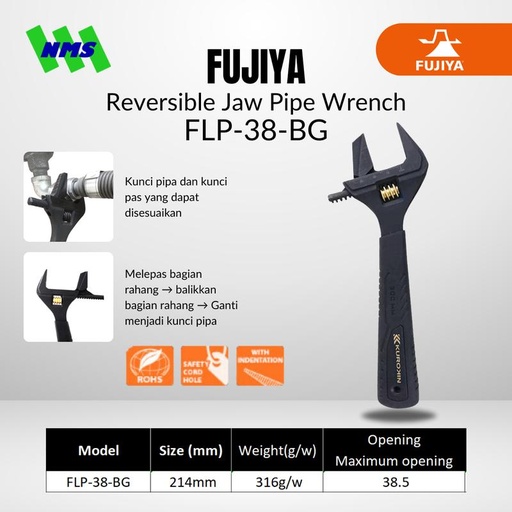 [EZM.1041495] Kunci Inggris FUJIYA FLP-38-BG Reversible Jaw Pipe Wrench KUROKIN JPN