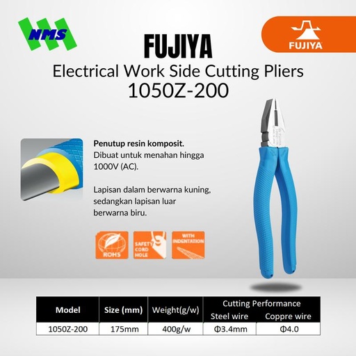 [EZM.1041498] Tang Potong FUJIYA 1050Z-200 Electrical Work Side Cutting Pliers Japan