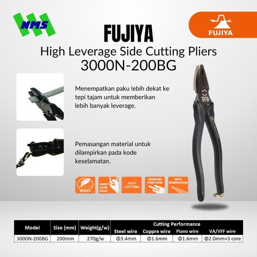 [EZM.1044242] Tang FUJIYA 3000N-200BG High Leverage Side Cutting Plier Kurokin Japan