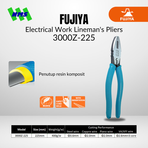 [EZM.1041499] Tang Potong FUJIYA 3000Z-225 Electrical Work Linemans Pliers Japan