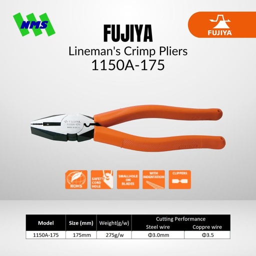 [EZM.1041501] Tang Potong FUJIYA 1150A-175 Linemans Clamp Pliers Japan 175mm 7 Inci