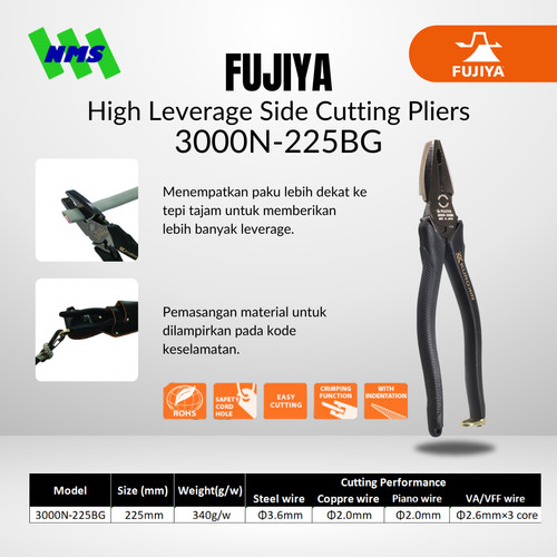 [EZM.1041508] Tang FUJIYA 3000N-225BG High Leverage Side Cutting Plier Kurokin Japan