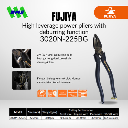 [EZM.1041510] Tang FUJIYA 3020N-225BG High Leverage Powers Pliers Kurokin Japan