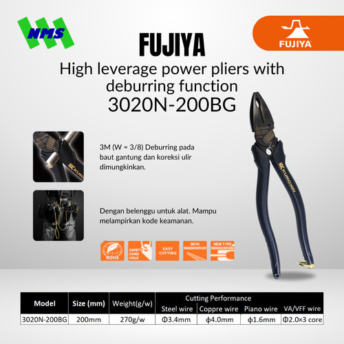 [EZM.1041513] Tang FUJIYA 3020N-200BG High Leverage Powers Pliers Kurokin Japan 8"