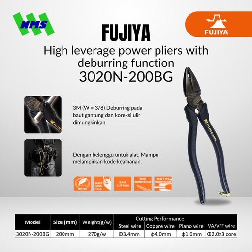 [EZM.1041513] Tang FUJIYA 3020N-200BG High Leverage Powers Pliers Kurokin Japan 8"