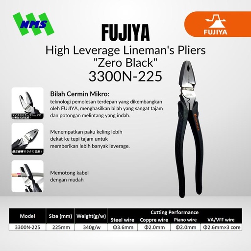[EZM.1041517] Tang FUJIYA 3300N-225 High Leverage Lineman'S "Zero Black" Japan