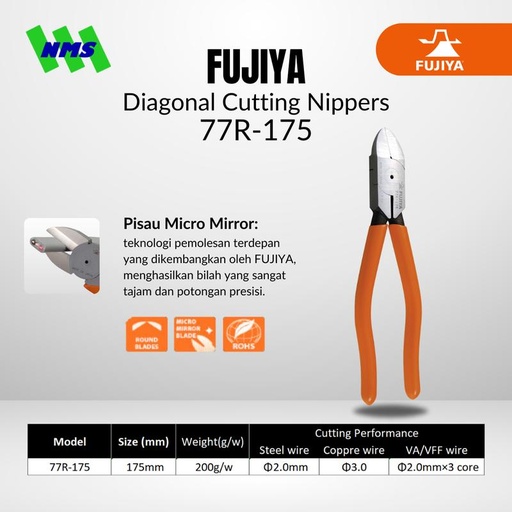 [EZM.1041519] Tang Potong FUJIYA 77R-175 Diagonal Cutting Nippers Japan