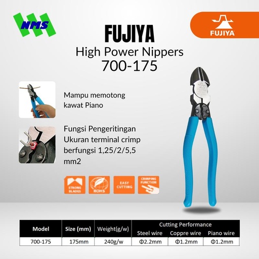 [EZM.1041522] Tang Potong FUJIYA 700-175 High Power Nippers With Crimping Japan