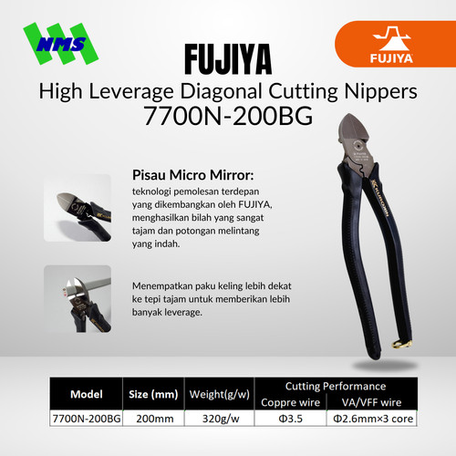 [EZM.1041523] Tang FUJIYA 7700N-200BG High Leverage Diagonal Cutting Nipper Kurokin