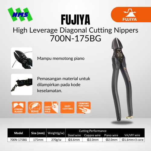 [EZM.1041527] FUJIYA 700N-175BG High Leverage Diagonal Cutting Nipper Kurokin Japan